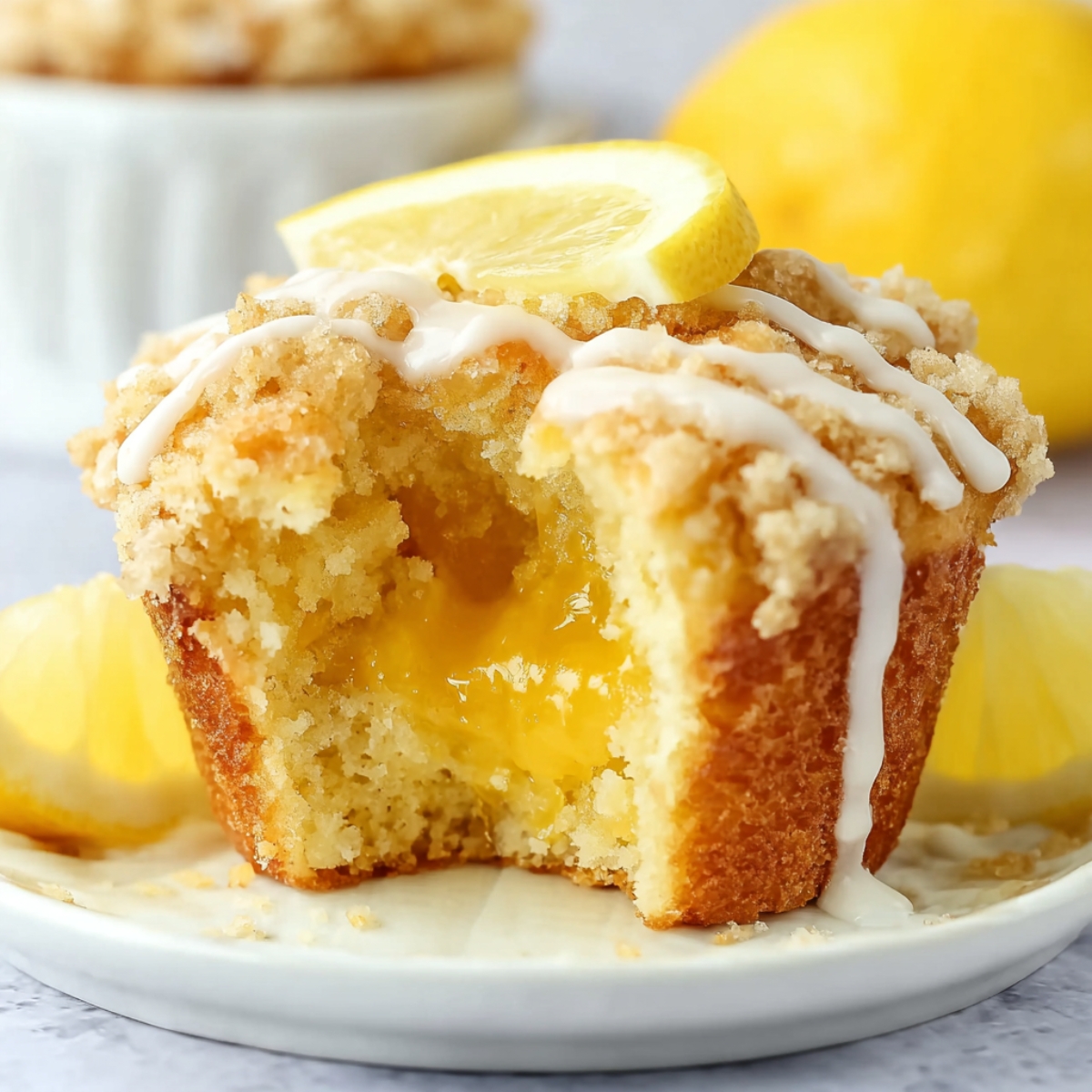 A Lemon Curd Muffins, with a crumbly topping, drizzled with icing and garnished with a slice of lemon. The muffin has been halved to reveal a gooey lemon curd center.
