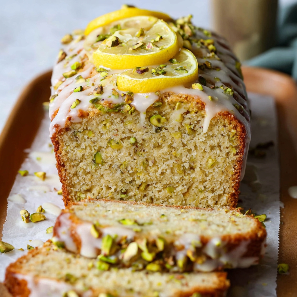 Freshly baked Lemon Pistachio Loaf with a sweet glaze on top, garnished with lemon slices and chopped pistachios, showcasing the soft, moist interior with visible pistachio bits.