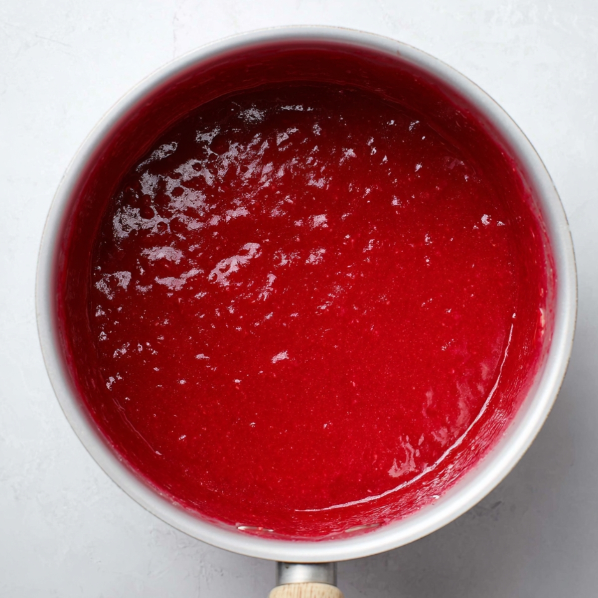 Easy Raspberry Mousse (Without Gelatin) 10 A vibrant, glossy raspberry coulis in a saucepan, ready to be used as a topping or sauce for desserts.
