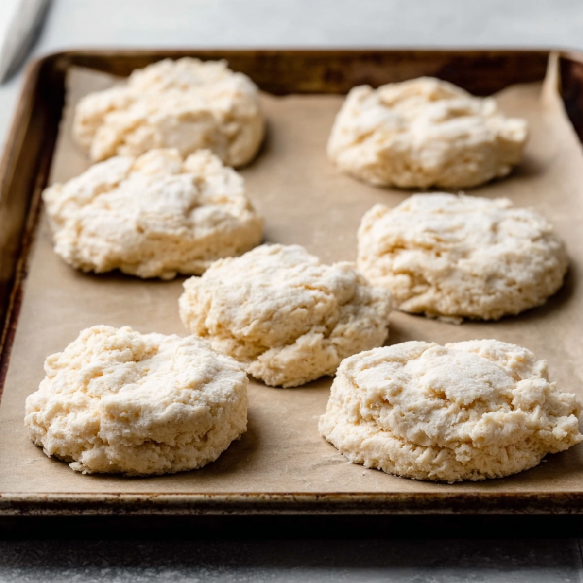 Biscuit Vegetable Pot Pie Casserole 10 Freshly prepared biscuit dough rounds placed on a parchment-lined baking sheet, ready for baking to form a golden biscuit topping.