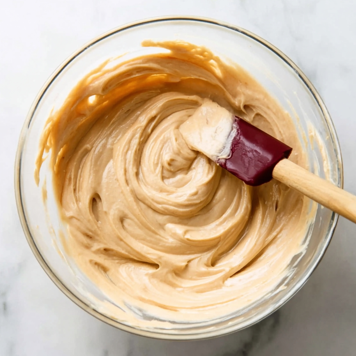 Delicious Cinnamon Swirl Quick Bread 10 A bowl of smooth peanut butter frosting with a slight swirl in the texture, and a spatula resting in the bowl.