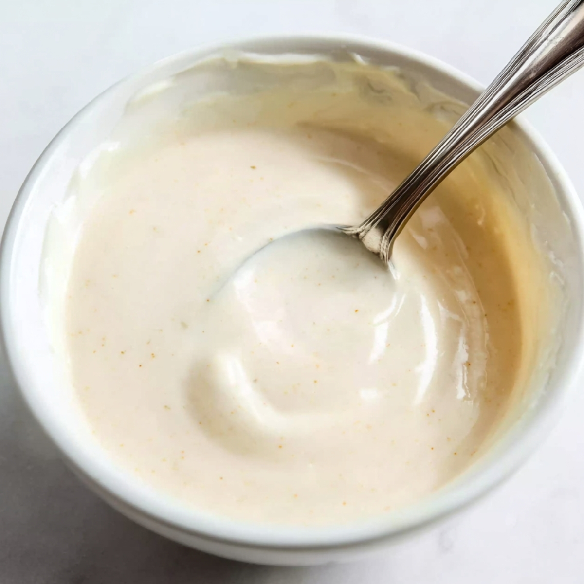 Best Pistachio Drop Cookies Recipe 11 A close-up shot of a smooth and creamy pistachio glaze in a white bowl, with a spoon stirring through the glaze, showing its silky texture.