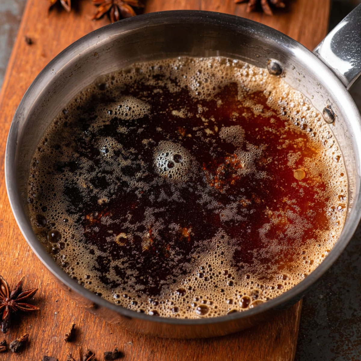 Easy Chai Cheesecake Bars Recipe 10 A close-up of chai spice syrup being simmered in a pan.