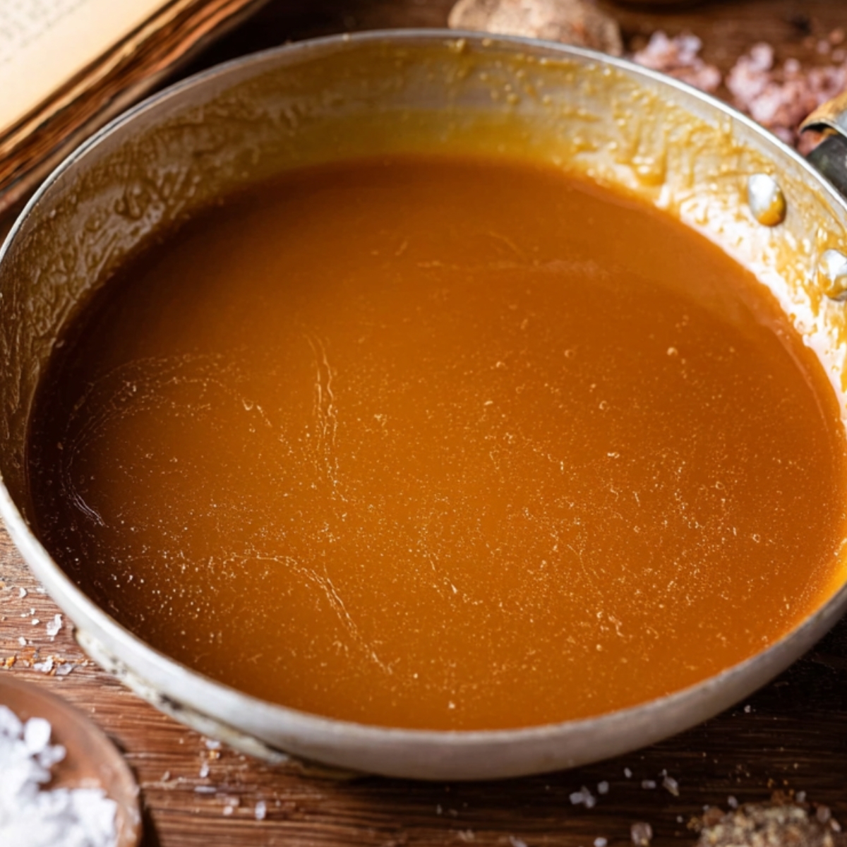 Moist Brown Butter Caramel Cake Recipe 11 A pan of smooth, golden brown butter caramel sauce, ready to be used, with sea salt sprinkled on the side.
