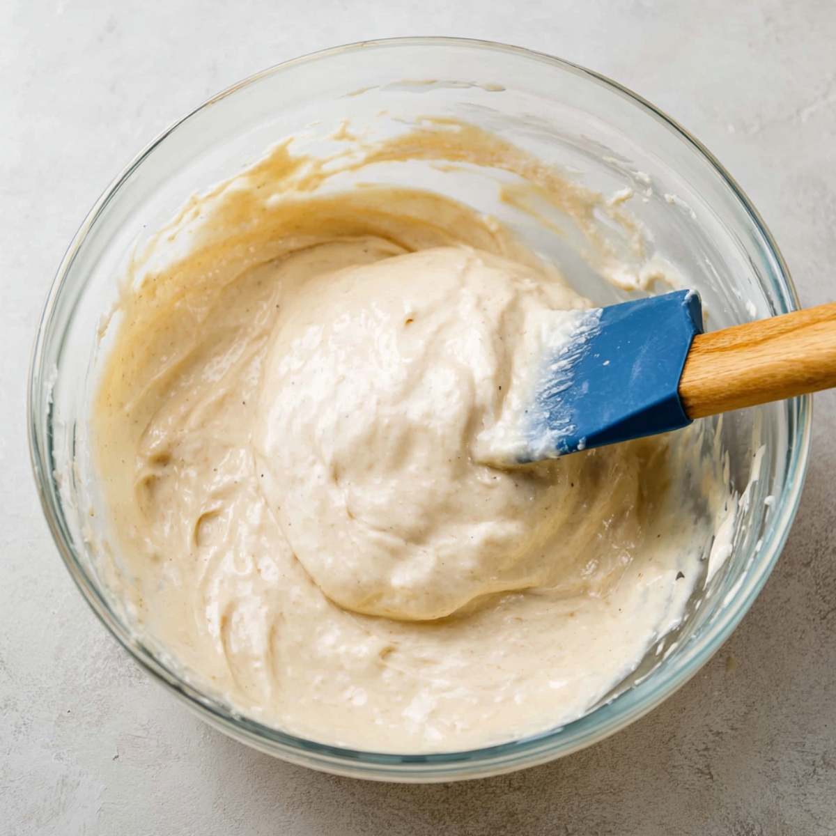 The Perfect Meringue Roulade Recipe 11 A glass bowl filled with smooth, creamy vanilla bean filling, being stirred with a blue spatula, showcasing its fluffy and thick texture.