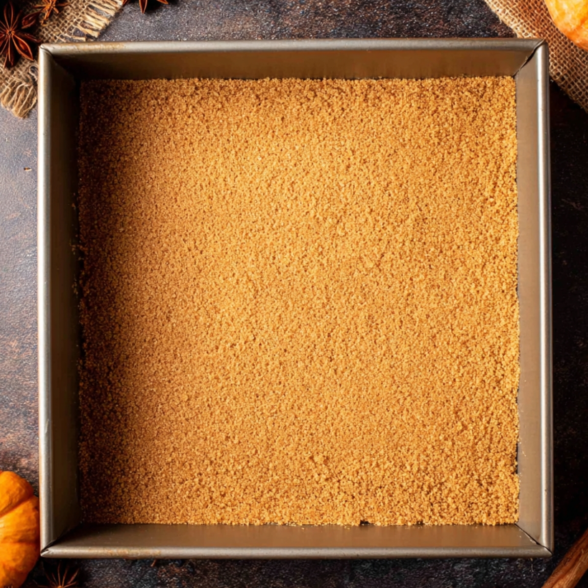 Pumpkin Cheesecake Bars Recipe 10 A graham cracker crust pressed into the bottom of a baking pan, ready to be filled with pumpkin cheesecake filling.