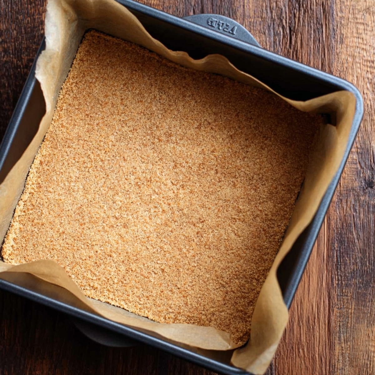 Lemon Blueberry Cheesecake Bars 10 Pressed graham cracker crust in a lined baking pan, ready for use.