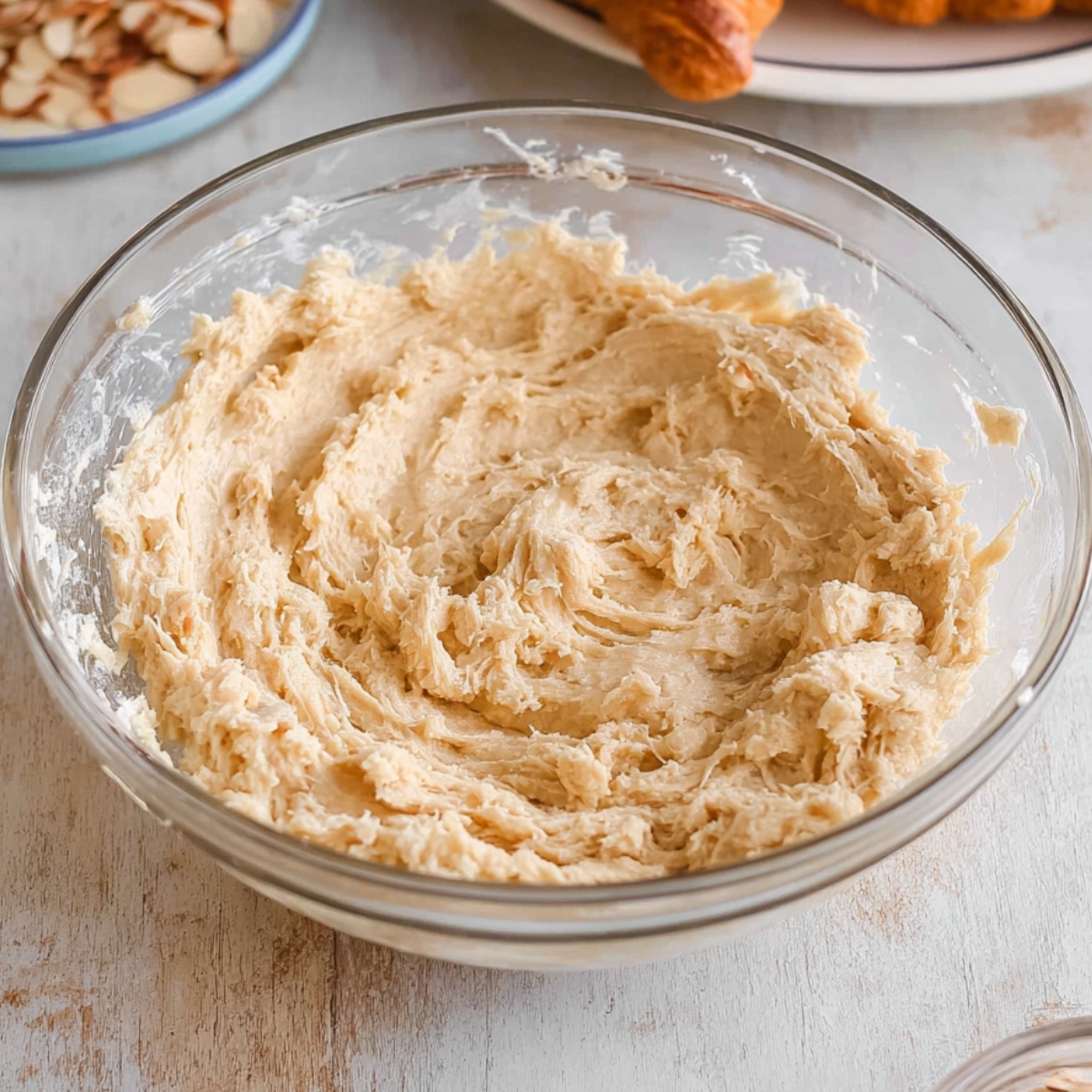 The Best Almond Cookies Recipe 10 Creamy almond croissant cookie dough in a glass bowl, ready for shaping.