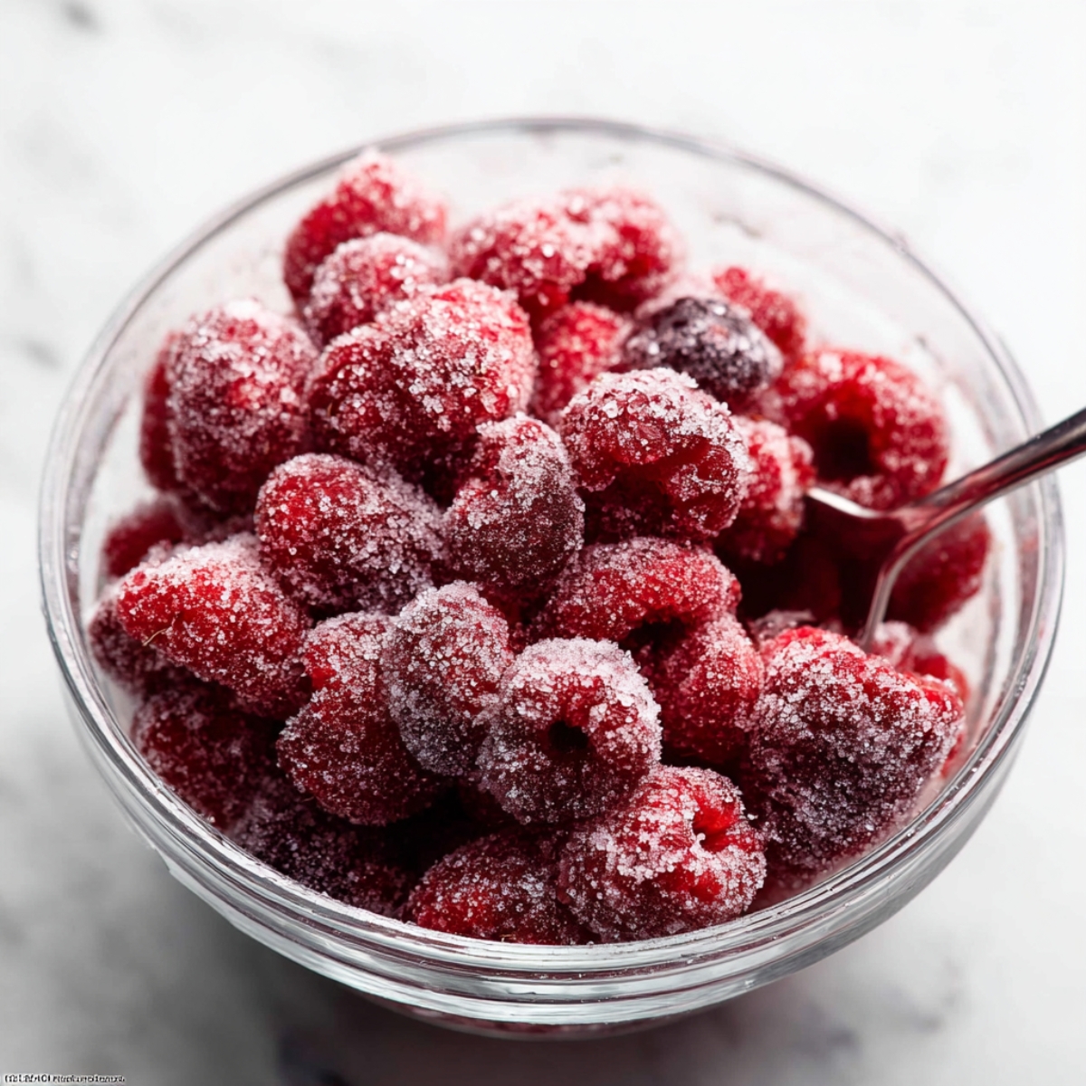 Delicious Raspberry Swirl Sweet Rolls 10 A close-up of frozen raspberries coated in sugar inside a clear glass bowl, with a spoon gently stirred through the fruit. The sugar coating gives the raspberries a frosted, glistening appearance.
