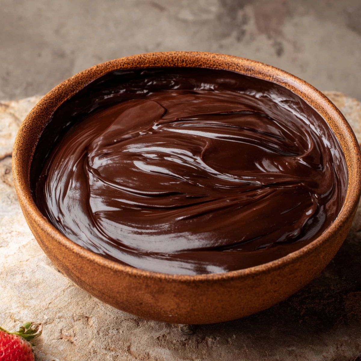 No Bake Chocolate Tart Recipe 11 Close-up view of a terracotta bowl filled with rich, smooth dark chocolate ganache, showcasing its glossy texture.