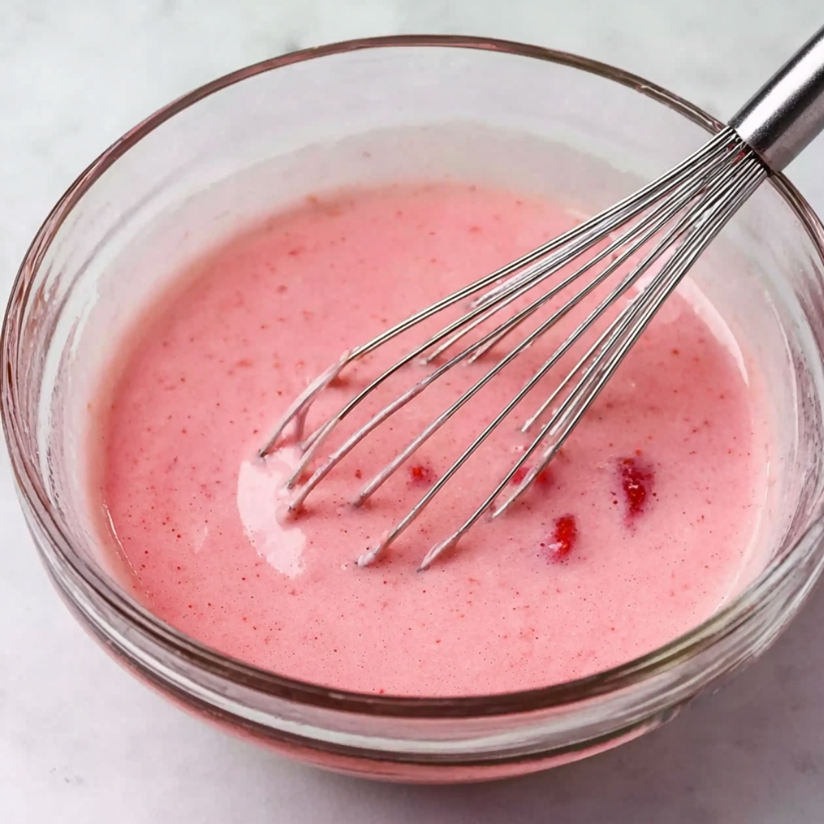 Easy Strawberry Lemon Blondies Recipe 11 A glass bowl filled with a smooth, pink strawberry glaze, whisked to a creamy consistency, with a whisk resting in the bowl.