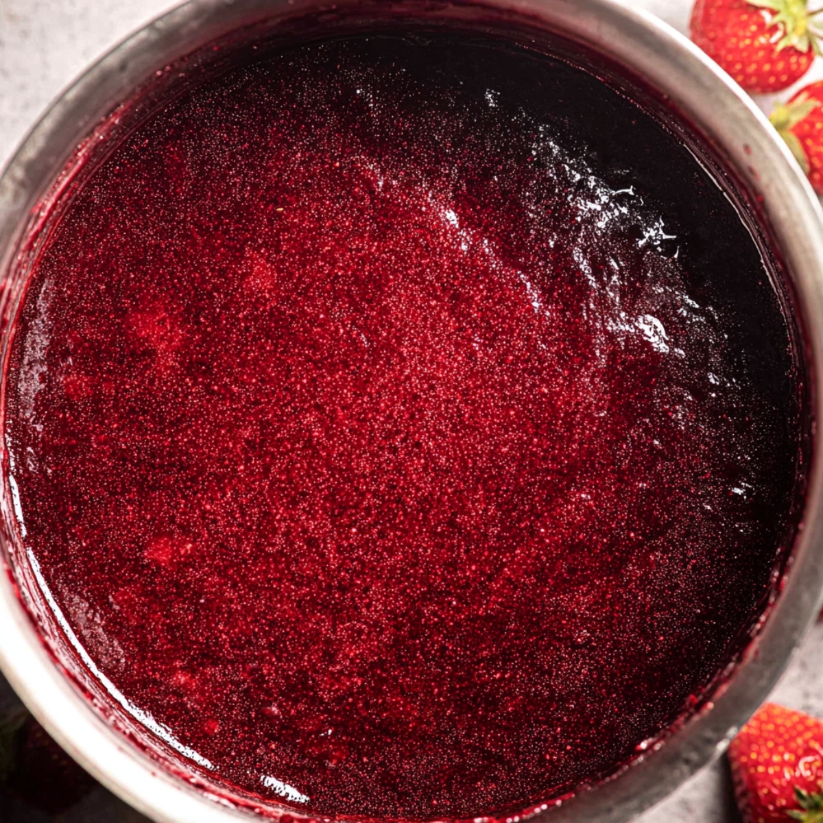 Best Strawberry Thumbprint Cookies 10 Glossy strawberry jam in a bowl, with fresh strawberries on the side.