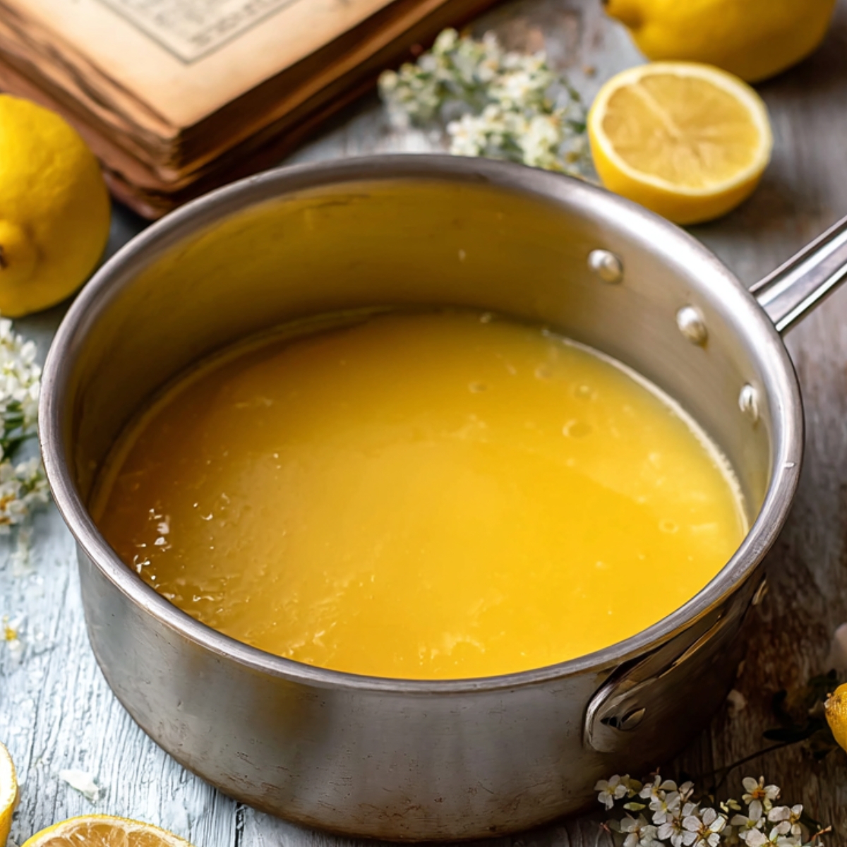 The Best Lemon Curd Cookies Recipe 10 A stainless steel saucepan with bright yellow lemon curd simmering, surrounded by fresh lemons and flowers, creating a fresh and vibrant scene.