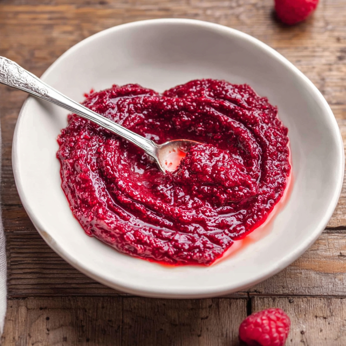 Strawberry Shortcake Cookies Recipe 10 A heart-shaped arrangement of homemade raspberry jam in a shallow white bowl, with a silver spoon gently stirring the mixture.