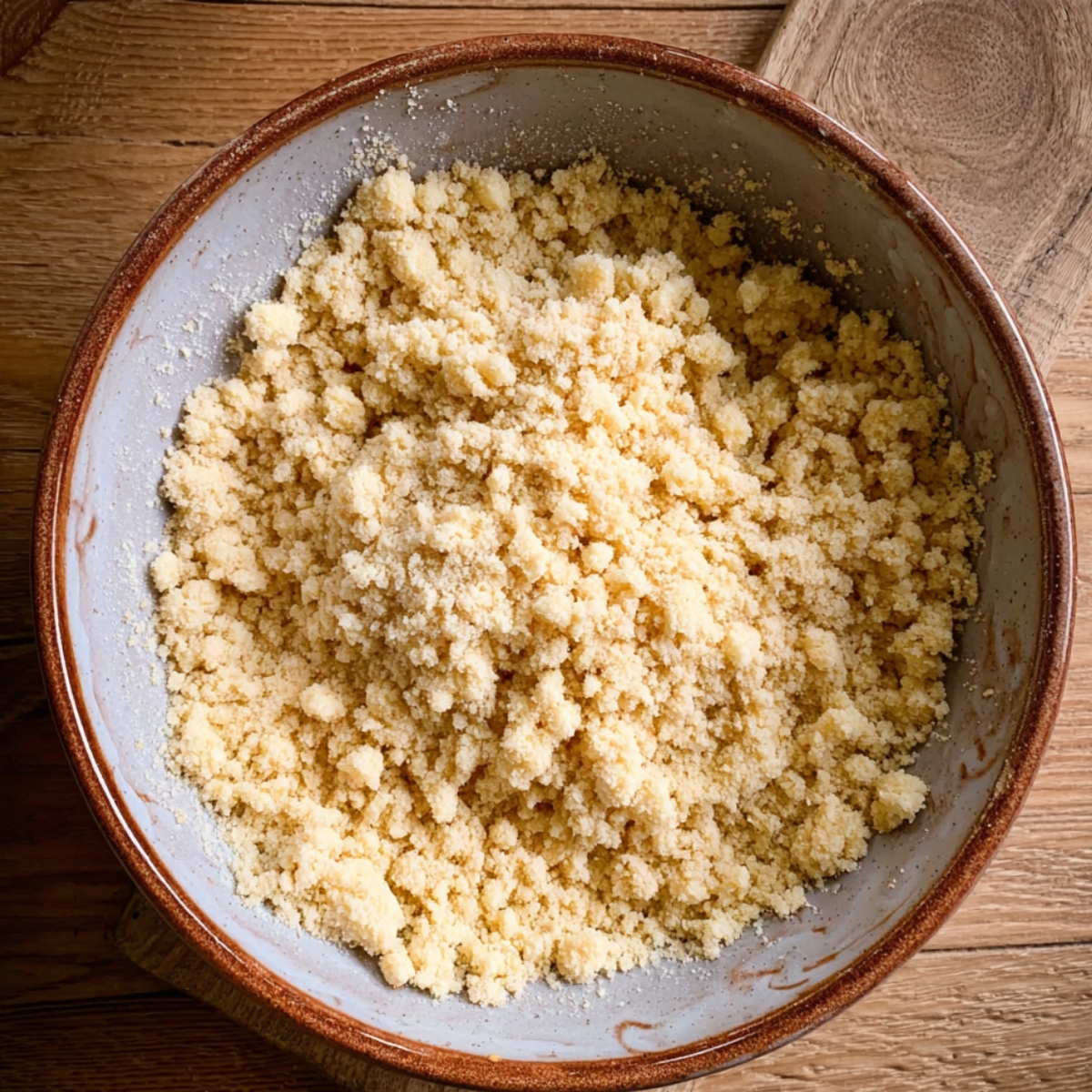 Moist Lemon Poppy Seed Muffins Recipe 11 A close-up of a bowl filled with crumbly streusel topping, showing a mixture of flour, sugar, and butter with a sandy texture, ready to be used for lemon poppy seed muffins.