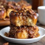 A close-up of Maple Pecan Sticky Buns, glistening with caramel syrup and crunchy pecans, stacked on a plate.