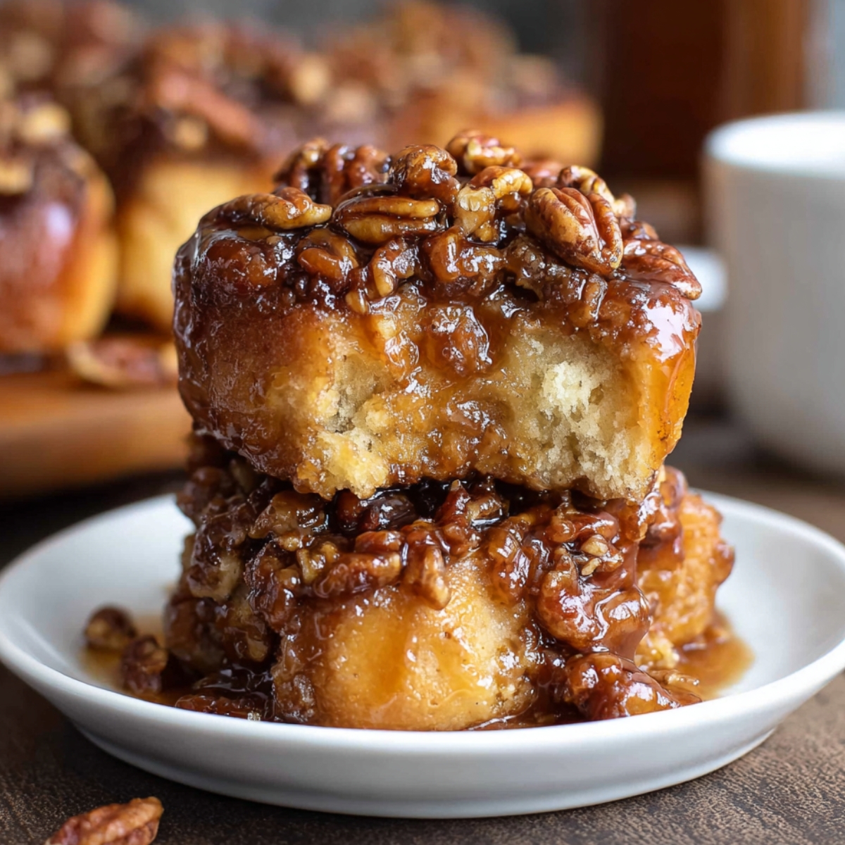 A close-up of Maple Pecan Sticky Buns, glistening with caramel syrup and crunchy pecans, stacked on a plate.