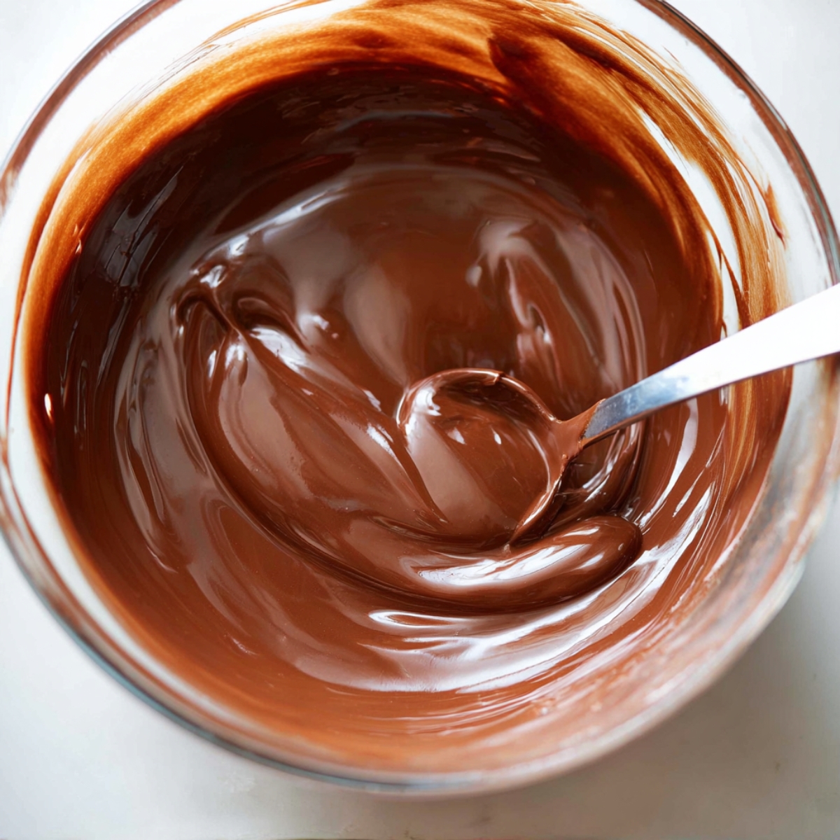 Easy Protein Brownies with M&Ms Recipe 10 A close-up of smooth, melted chocolate in a glass bowl. The rich, velvety texture of the chocolate is swirled, with a spoon resting in the bowl, indicating that it's ready to be used in baking.