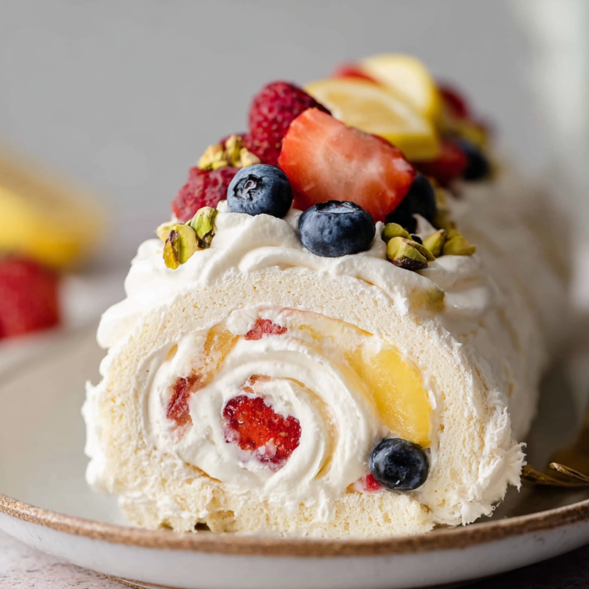 A beautifully rolled gluten-free Meringue Roulade topped with fresh strawberries, blueberries, pistachios, and lemon slices, showcasing a creamy vanilla filling inside.