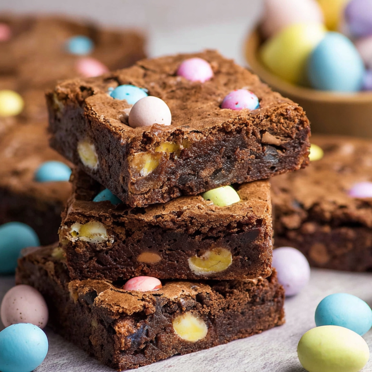 Easy Mini Egg Brownies Recipe 9 A stack of Mini Egg Brownies with visible chunks of white chocolate and colorful mini eggs, placed on a table with more mini eggs scattered around.