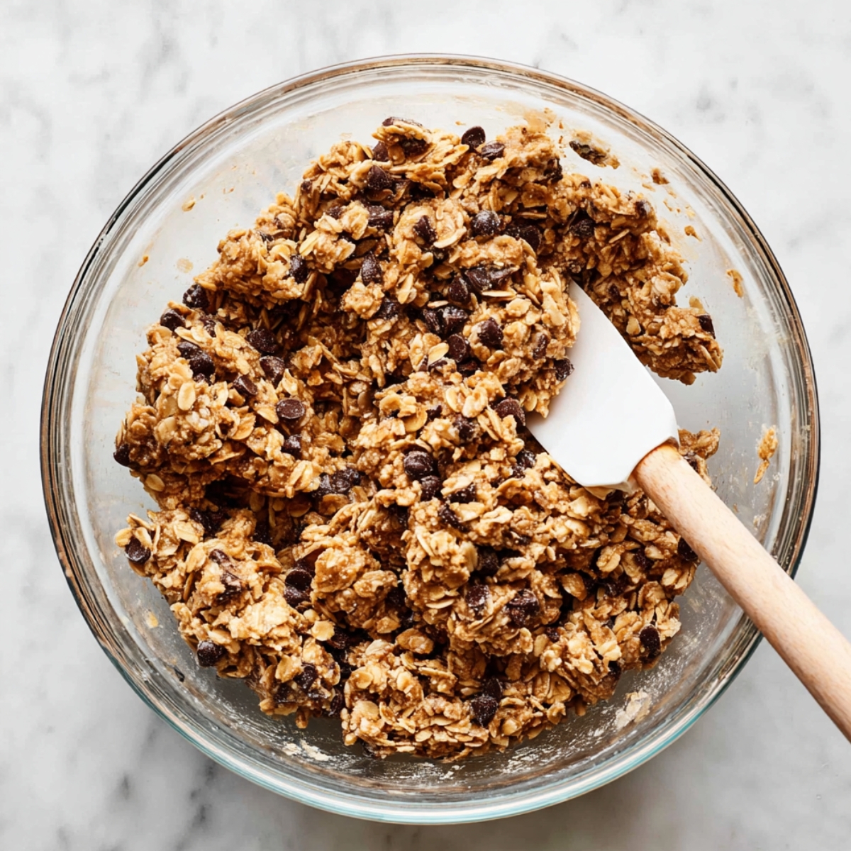 Healthy Peanut Butter Granola Bars Recipe 10 Peanut butter granola bar mixture in a glass bowl, with oats and chocolate chips being mixed.