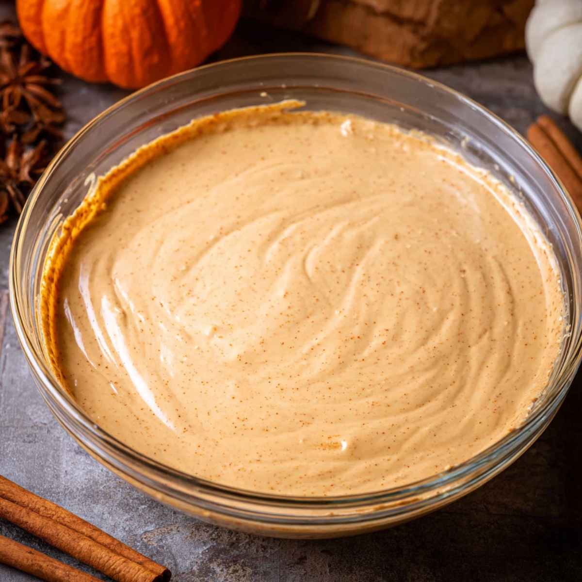 Pumpkin Cheesecake Bars Recipe 11 A smooth, creamy pumpkin cheesecake filling in a glass bowl, with a swirl indicating it's ready for baking.