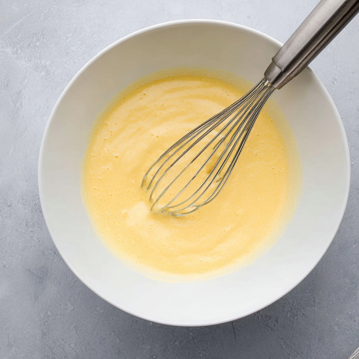 Easy Impossible Coconut Pie Recipe 10 A smooth, fluffy egg mixture in a white bowl, whisked and prepared for the next step in the recipe.