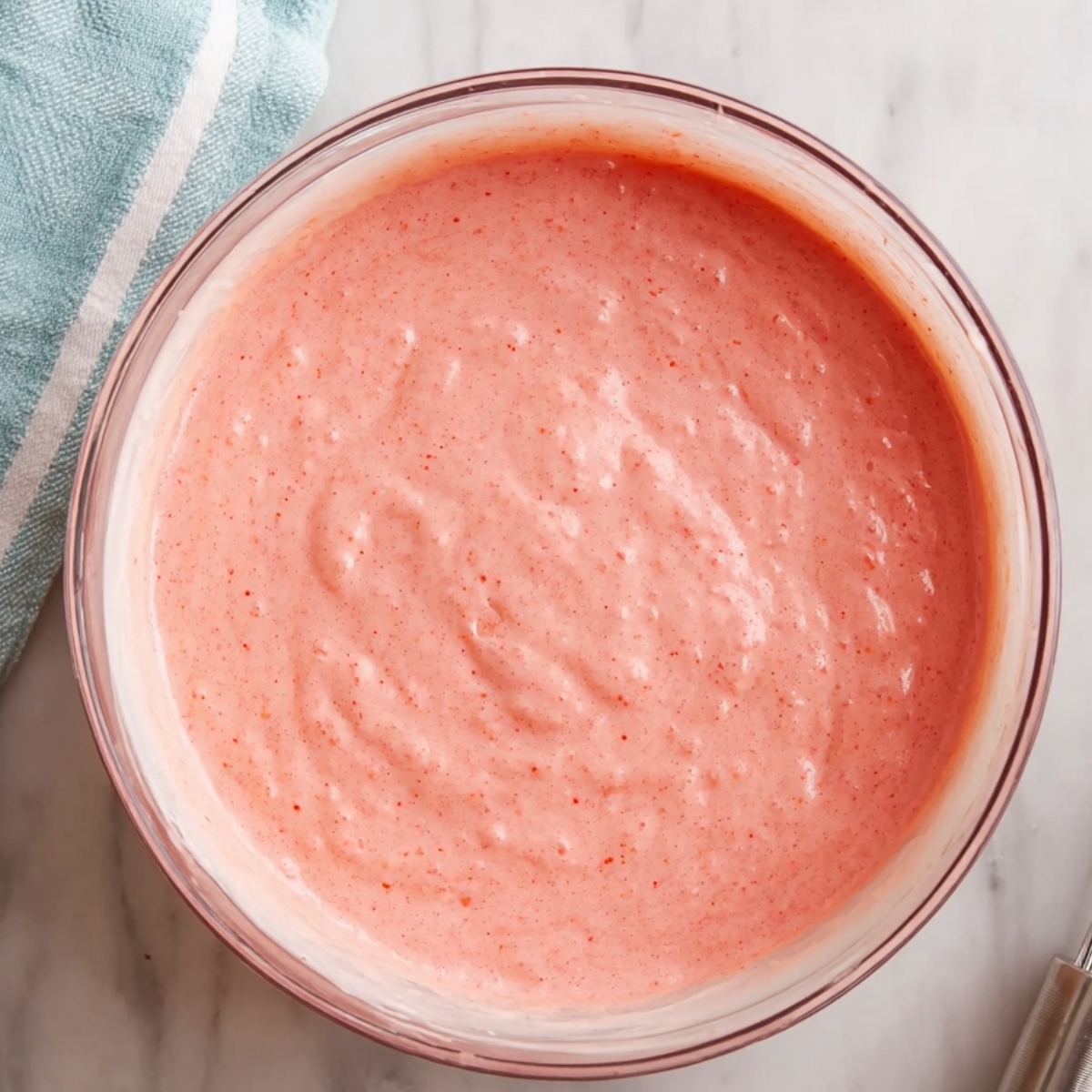Easy Hawaiian Guava Cake Recipe 10 A pink-colored cake batter in a clear glass mixing bowl, with a smooth, thick consistency, on a marble countertop.