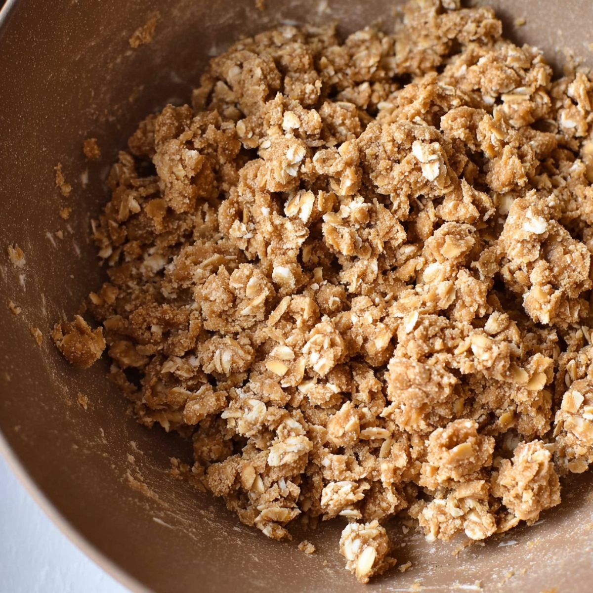 Gluten-Free Oatmeal Carmelita Bars 10 Oatmeal crumble dough with visible chunks in a mixing bowl, ready to be used for caramelita bars.