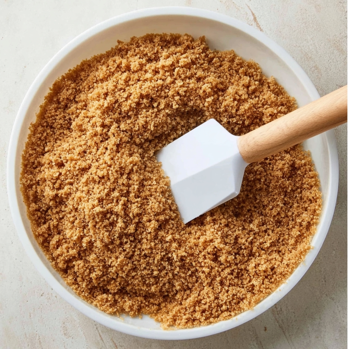 Greek Yogurt Lemon Bars Recipe 10 A bowl filled with crumbled graham cracker crust, with a white spatula mixed into the crumbs.