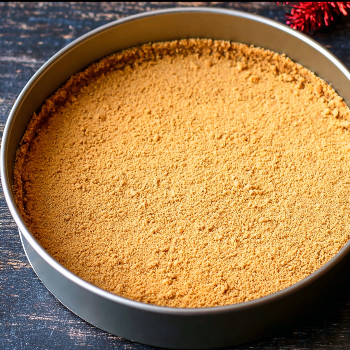 Creamy Crème Brûlée Cheesecake Recipe 10 Graham cracker crust pressed into a springform pan, ready for cheesecake.