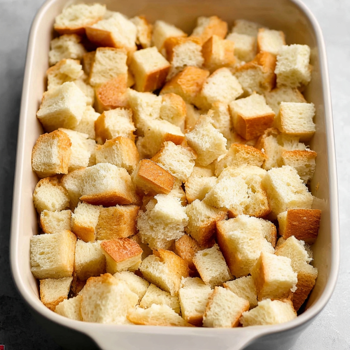Easy Pumpkin Bread Pudding Recipe 10 A baking dish filled with cubes of bread, arranged evenly, ready to be soaked with custard for pumpkin bread pudding.
