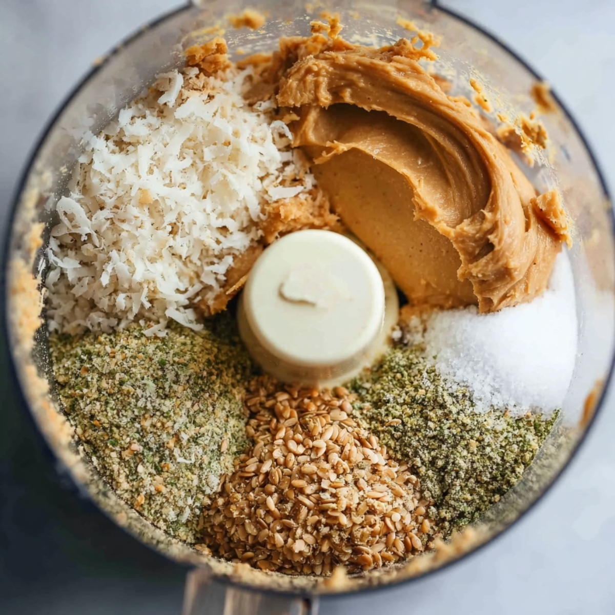 Healthy Nutty Chocolate Bars Recipe 10 A food processor bowl filled with ingredients such as peanut butter, shredded coconut, hemp seeds, and ground flaxseed, ready to be blended.