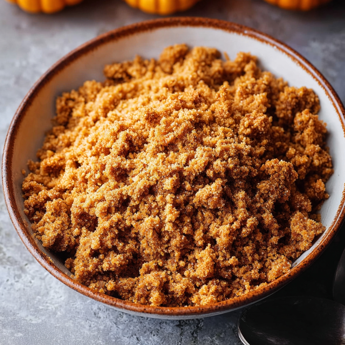 Easy Pumpkin Streusel Cheesecake Recipe 10 A rustic bowl filled with crumbled, golden-brown streusel topping, perfect for desserts, with a sprinkle of spices and decorative pumpkins in the background.