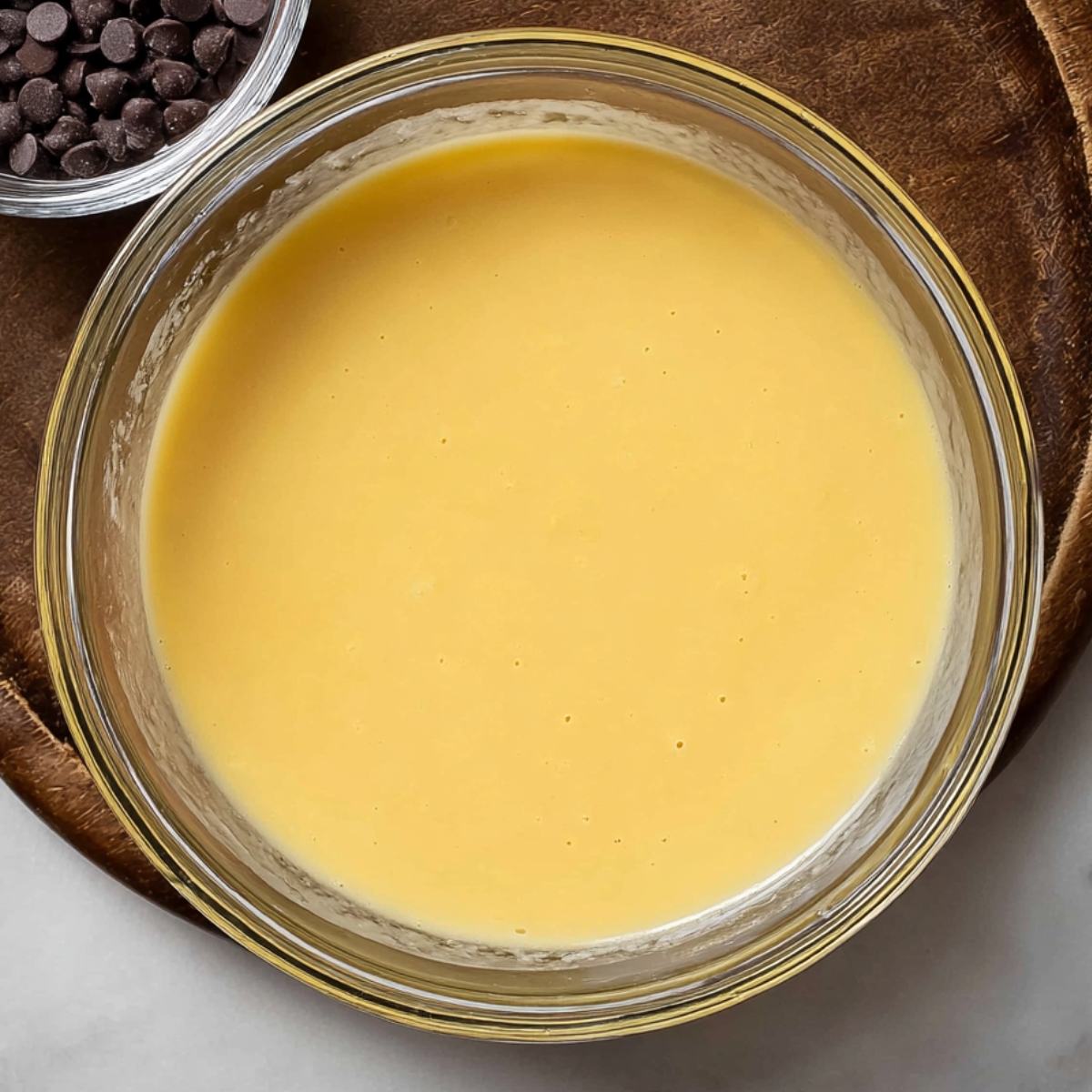 Moist Double Chocolate Muffins Recipe 10 A bowl of smooth, yellow liquid mixture, possibly the base for a baking recipe, with chocolate chips in the background.