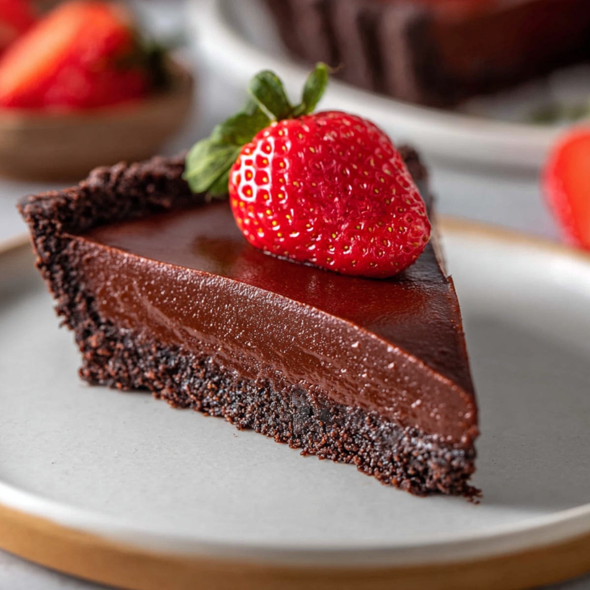 No Bake Chocolate Tart Recipe 9 A slice of No Bake Chocolate Tart with a smooth, creamy filling and a chocolate cookie crust, topped with a fresh strawberry.