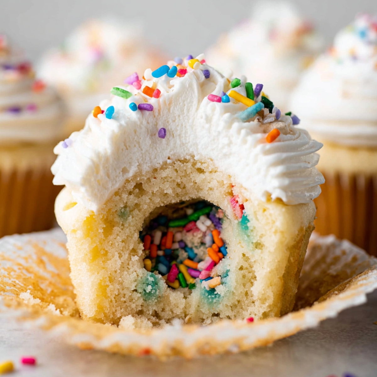 A Party Piñata Cupcakes with a white frosting topping, filled with colorful sprinkles inside.