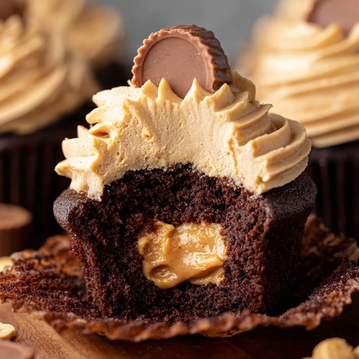 Peanut Butter Cup Cupcakes with frosting and a peanut butter center.