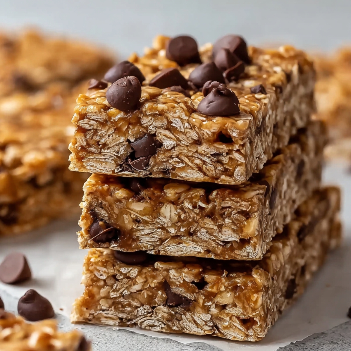 Stacked Peanut Butter Granola Bars, showing layers of oats and chocolate chips.