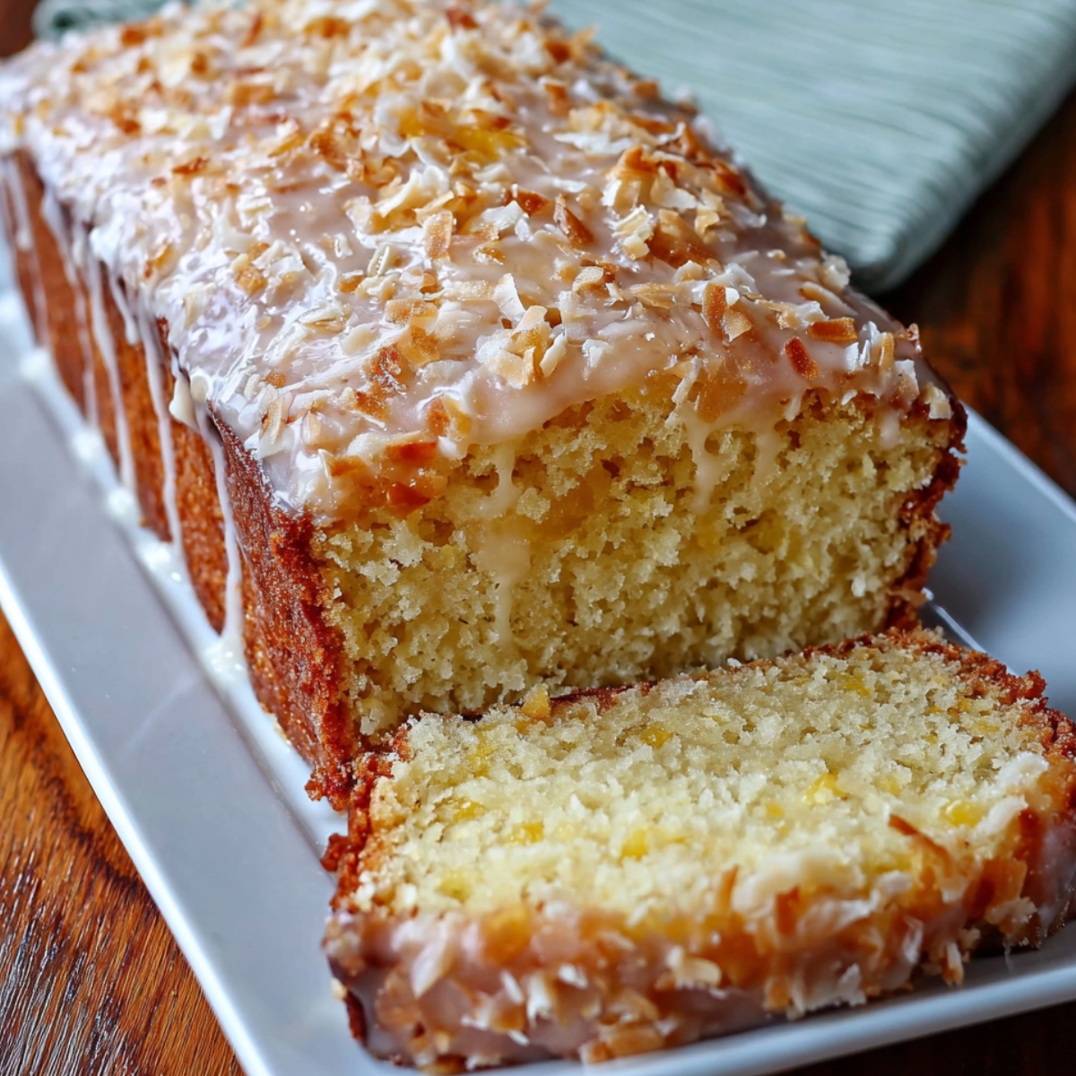 A close-up of a freshly baked loaf of Pineapple Coconut Bread with a glossy glaze and toasted coconut flakes on top. A slice has been cut, showing the soft interior.