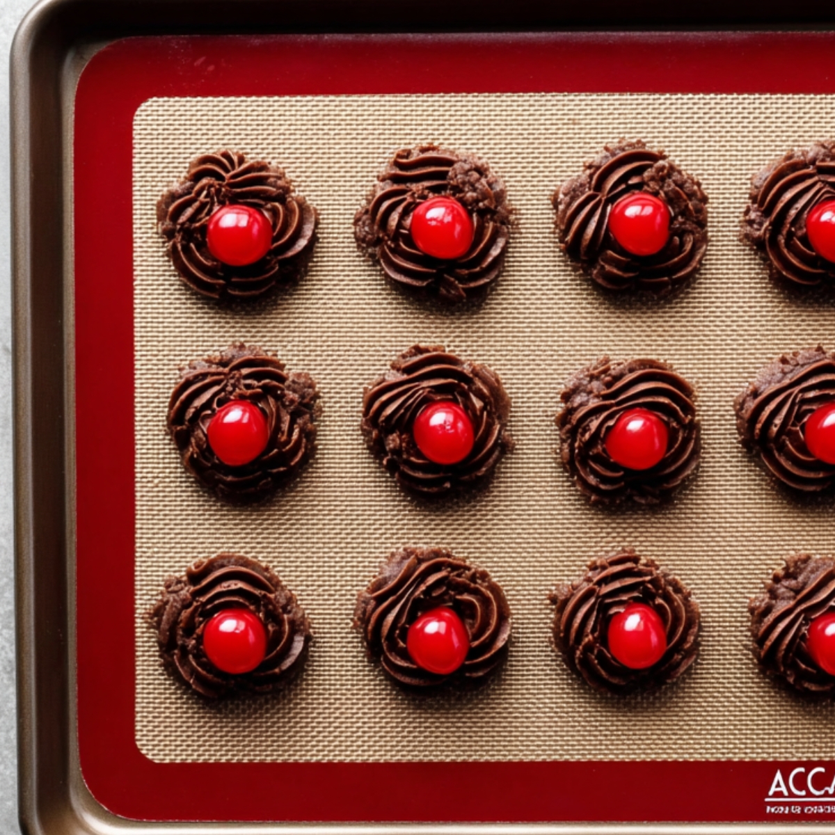 Easy Piped Chocolate Butter Cookies 10 Unbaked chocolate cookies, each with a swirl pattern and topped with a red cherry, ready to be baked on a silicone baking mat.