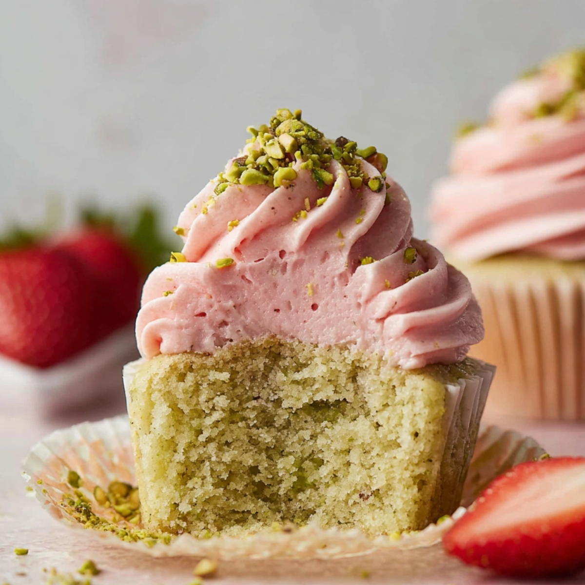 Pistachio Cupcakes topped with strawberry buttercream and pistachio bits.