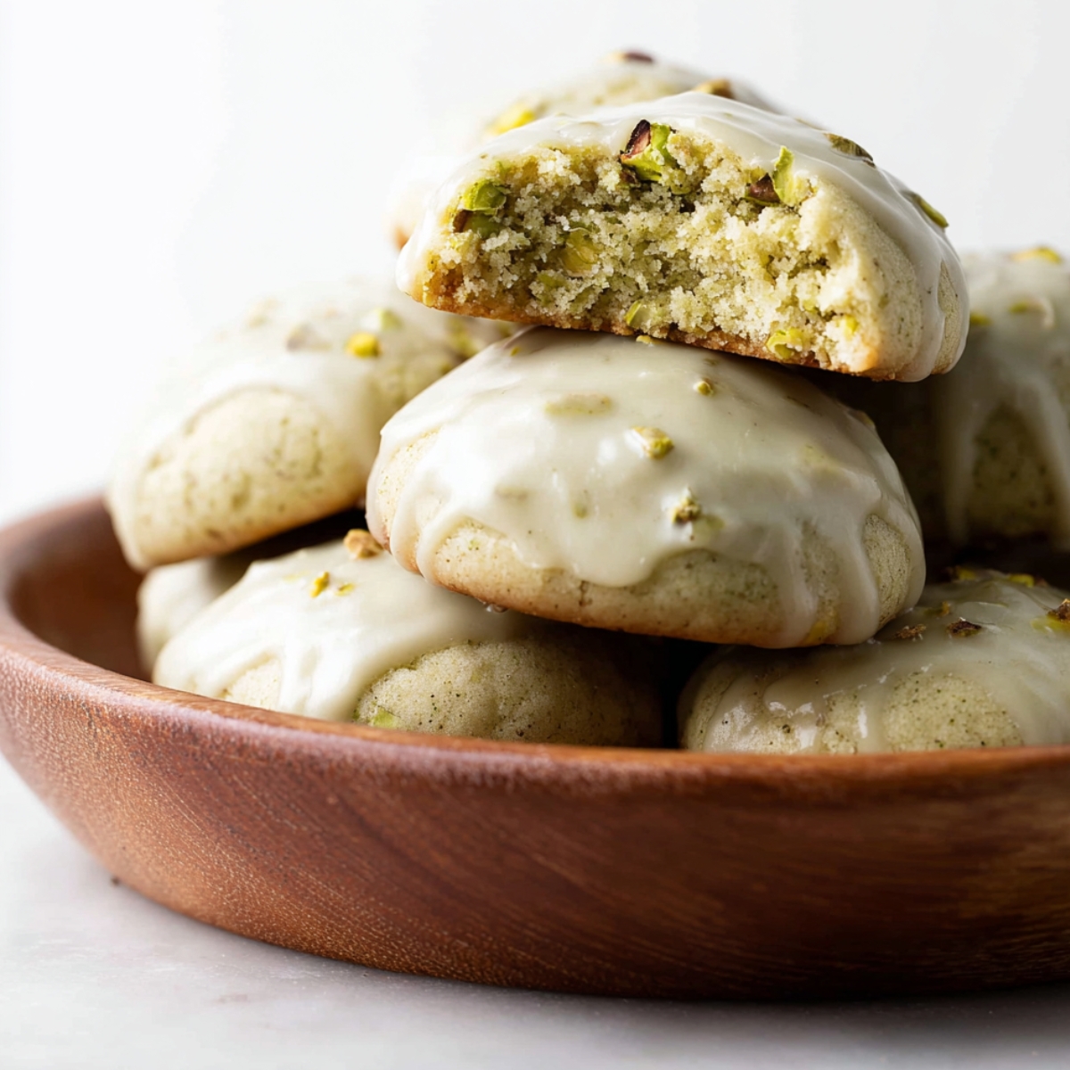 A close-up of soft Pistachio Drop Cookies topped with a smooth, glossy glaze. The cookies are arranged in a wooden bowl, with one cookie broken in half to reveal the soft, pistachio-filled interior.