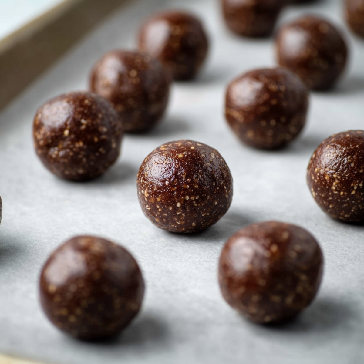 Easy Nutella Protein Balls Recipe 11 Chocolate hazelnut energy balls on a parchment-lined tray, smooth and glossy with nutty texture.