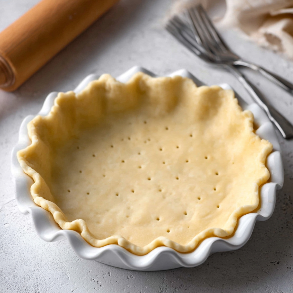 Easy Strawberry Cardamom Rose Pie 10 Unbaked pie crust in a scalloped dish with holes in the bottom.
