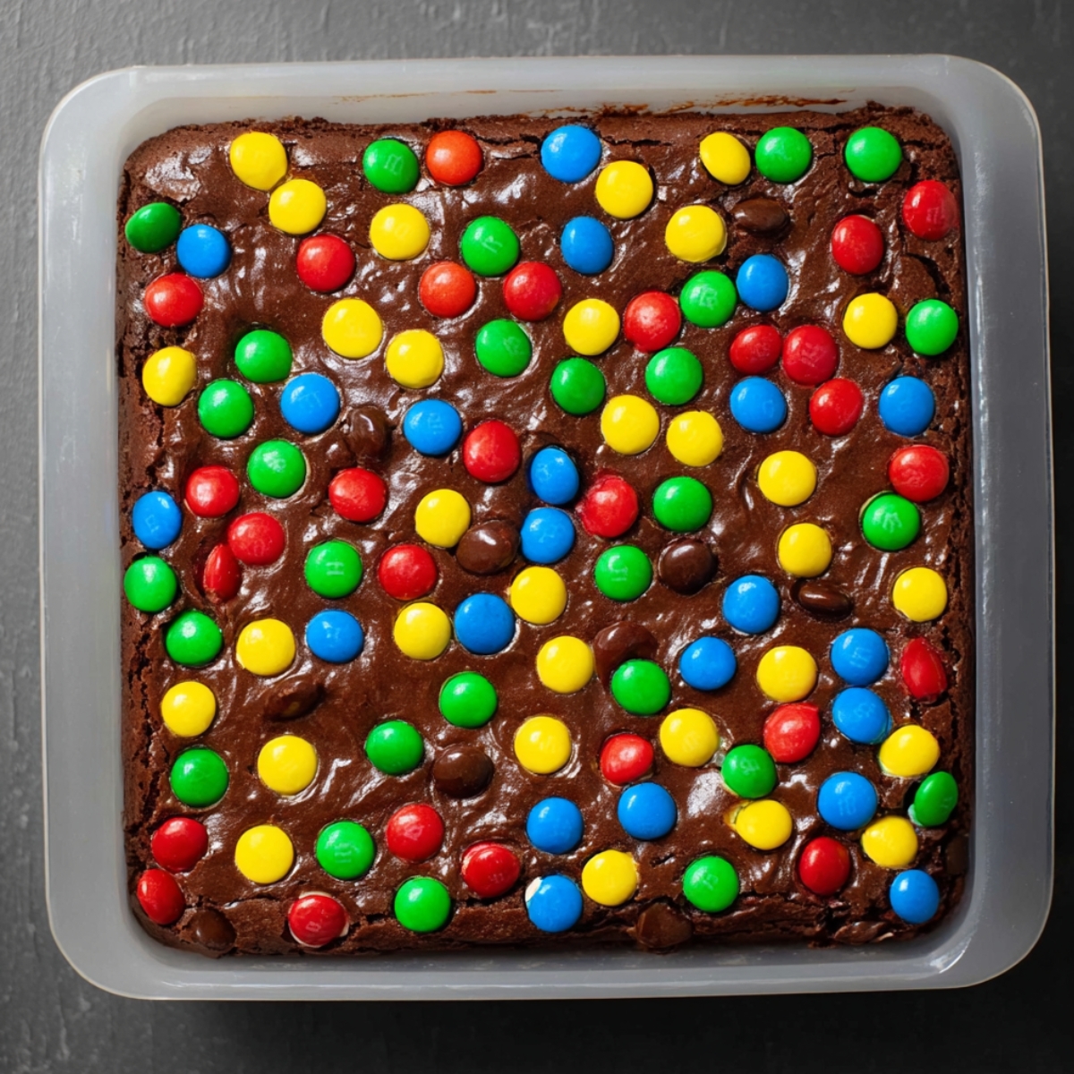 Easy Protein Brownies with M&Ms Recipe 11 A close-up shot of a freshly baked brownie topped with colorful M&M's in red, green, yellow, and blue, spread evenly across the surface. The glossy chocolate layer and vibrant candy coating make the treat visually appealing.