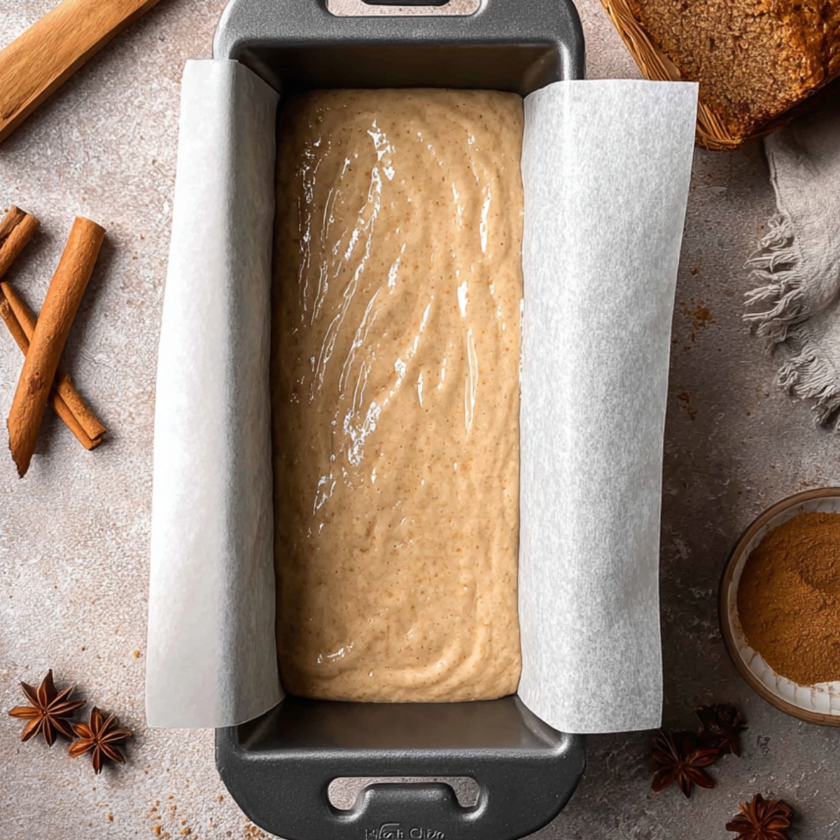 Easy Cinnamon Streusel Banana Bread 11 Banana bread batter poured into a loaf pan, lined with parchment paper, ready to be baked. The scene includes cinnamon sticks, star anise, and ground cinnamon for flavor.