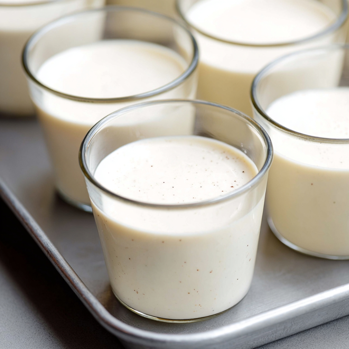 Classic Panna Cotta Recipe 11 A batch of panna cotta in small glass cups, set and ready to be served, with a smooth creamy texture and visible vanilla bean specks.