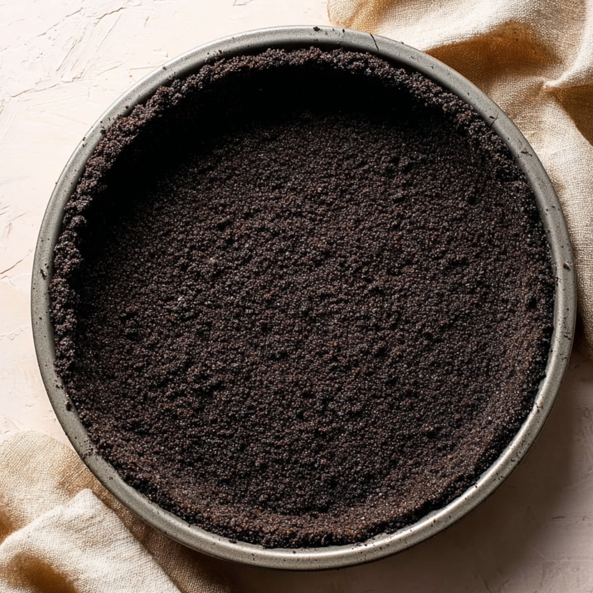 The Best Oreo Pie Recipe 10 An Oreo cookie crust in a pie pan, perfectly pressed and evenly spread along the base and sides.