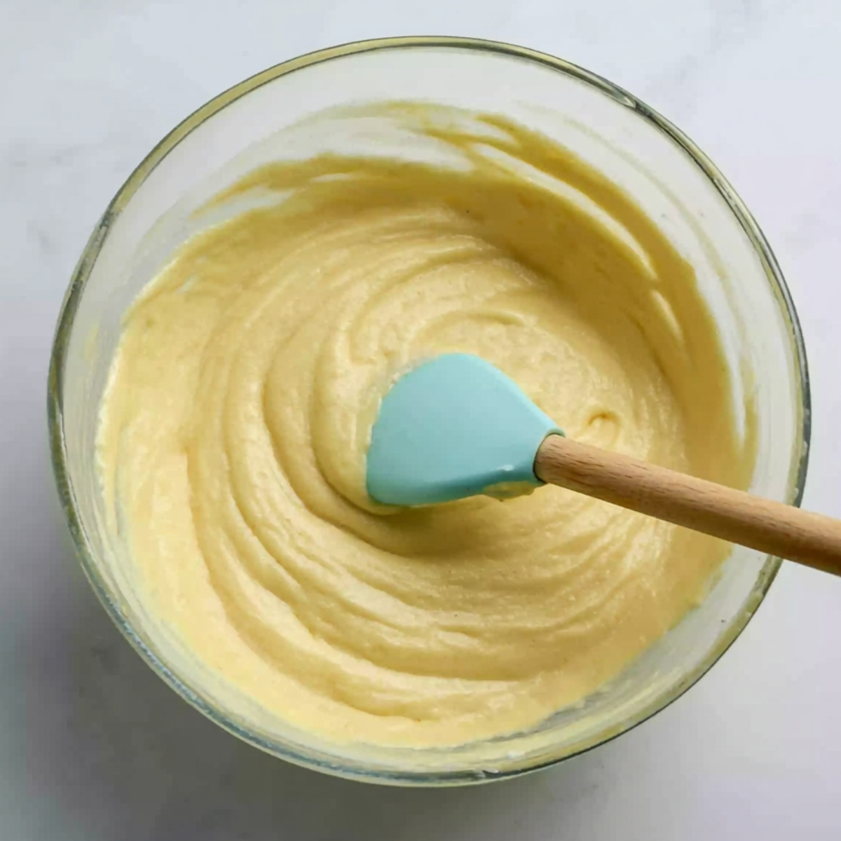 Lemon Curd Muffins with Streusel Topping 10 A mixing bowl containing smooth lemon muffin batter, with a pale blue spatula stirring the creamy, yellow mixture.